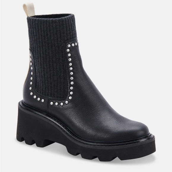 Dolce Vita Stud H2O Boots Black Leather and Knit Chelsea Studded Boot NWT 7.5 - Picture 3 of 9
